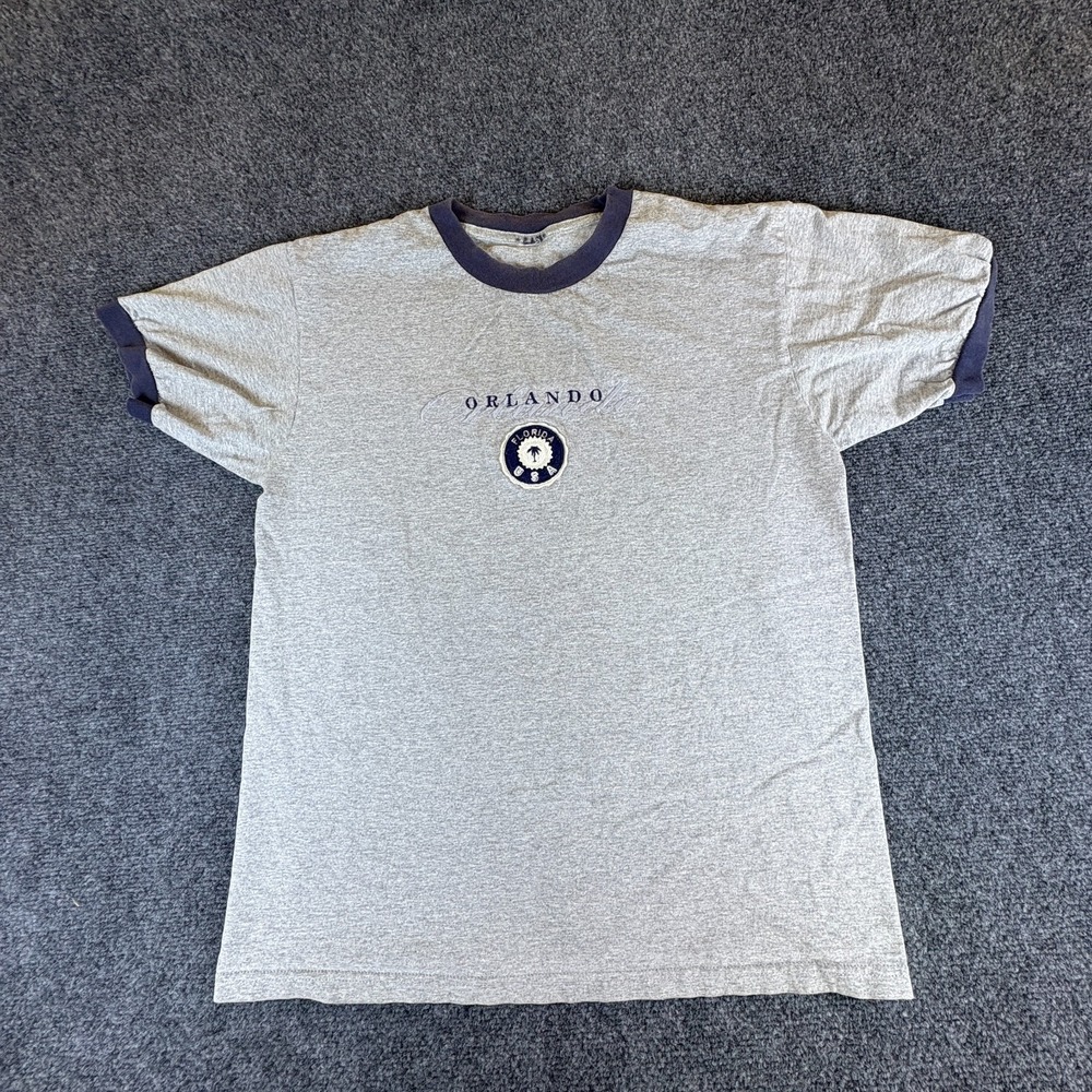 Ringer T-Shirt Men M Heather Gray Blue Orlando Florida USA Embroidered READ